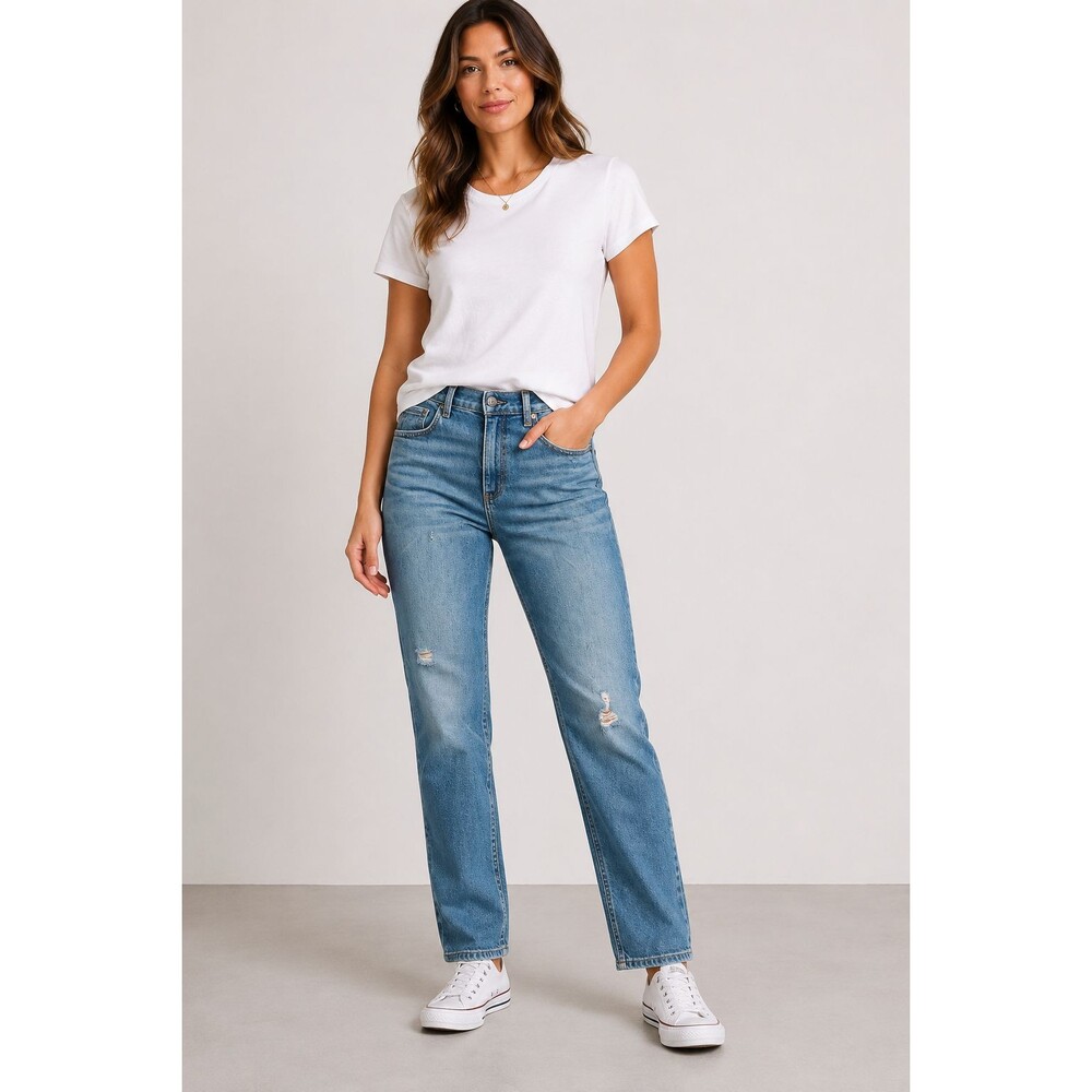 ASKK NY Womens Medium Wash Distressed High Waisted Straight Denim Blue Jeans  27
